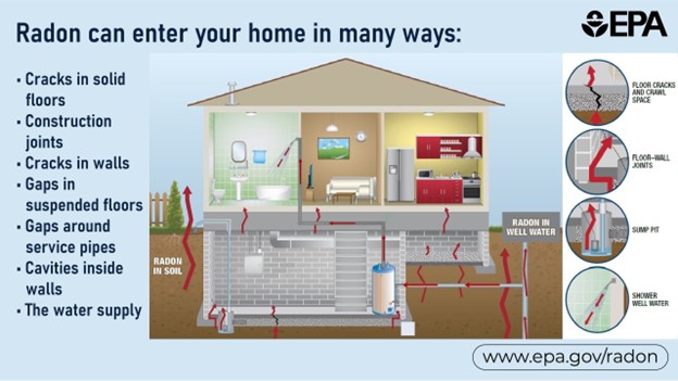 A picture with a house with the words "radon can enter your home in many ways: cracks in solid foundation; construction joints; cracks in walls; gaps in suspended floors; gaps around service pipes; cavities inside walls; the water supply."
